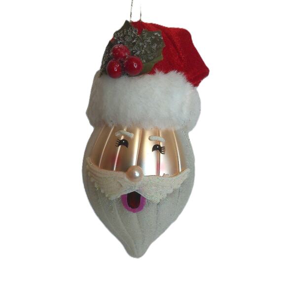 Bloomingdales Other - Vintage Glass Santa Claus Head Christmas Ornament with Red Hat & Glitter Beard